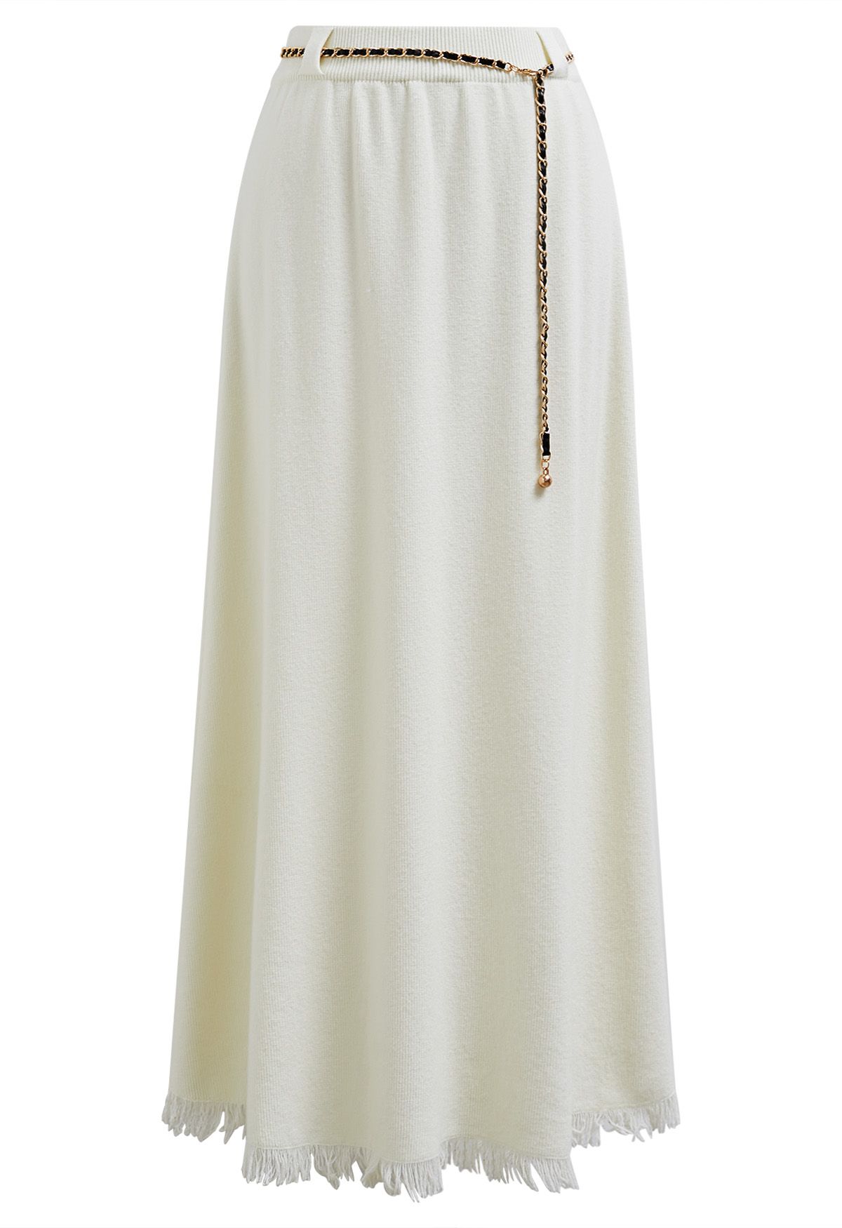 Chain Belt Fringe Hem Knit Maxi Skirt in Cream