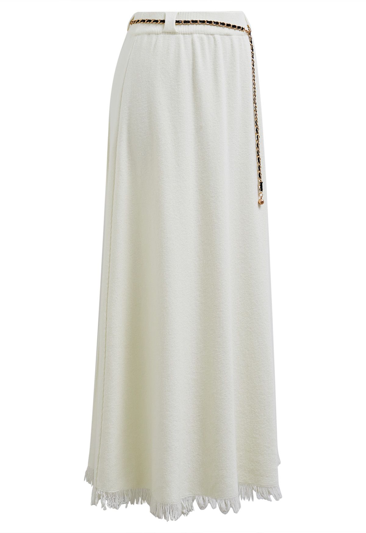 Chain Belt Fringe Hem Knit Maxi Skirt in Cream