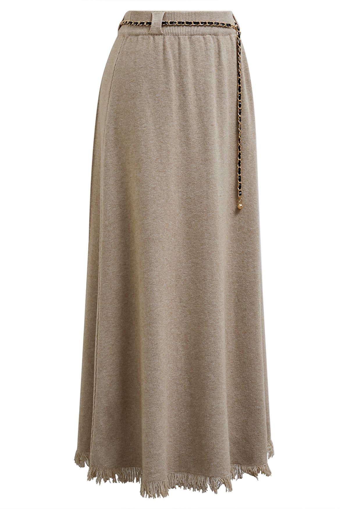 Chain Belt Fringe Hem Knit Maxi Skirt in Sand