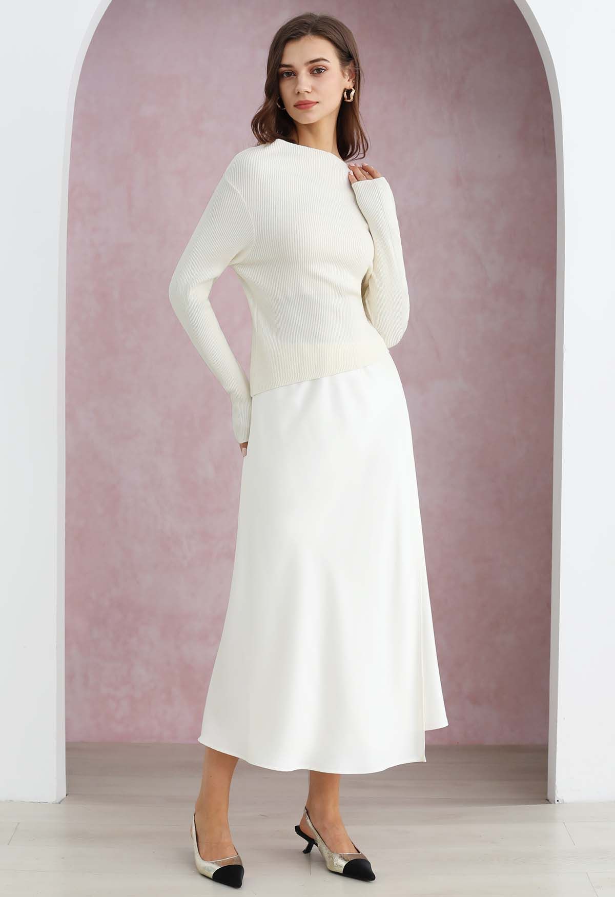 Satin Elegance Front Flap Maxi Skirt in White