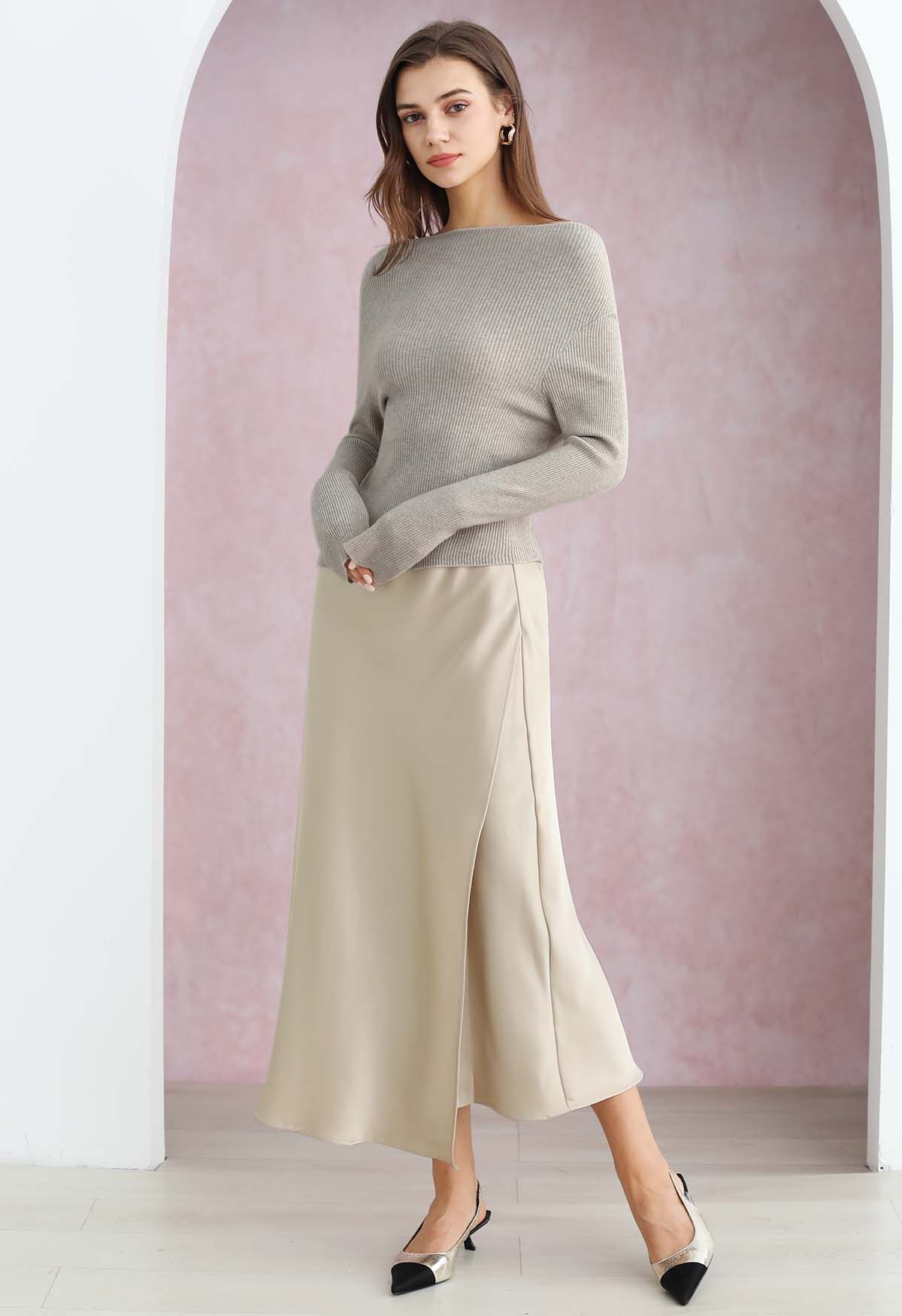 Satin Elegance Front Flap Maxi Skirt in Sand