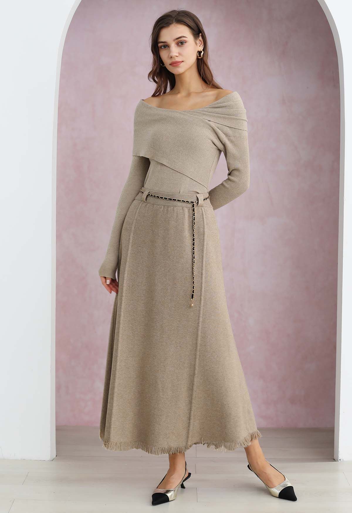 Chain Belt Fringe Hem Knit Maxi Skirt in Sand