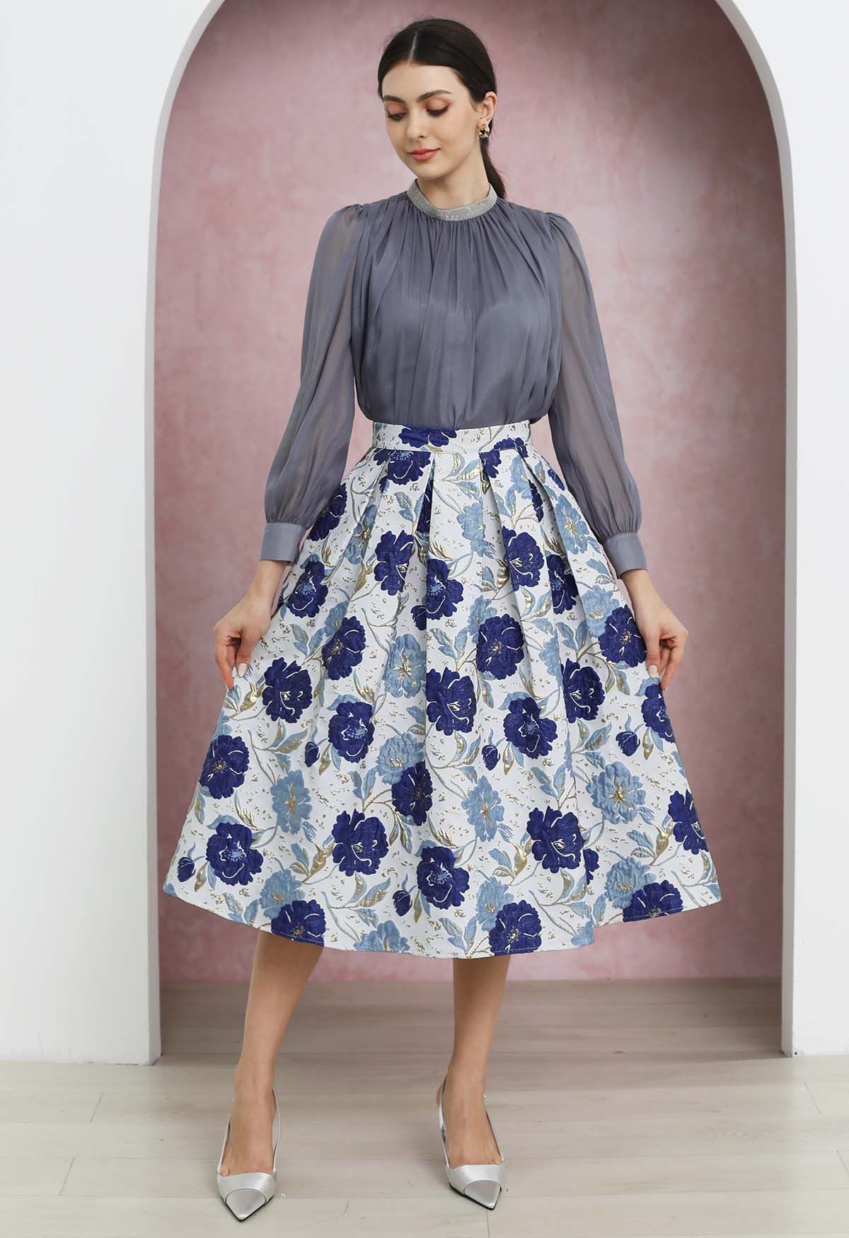 Ornate Floral Jacquard Pleated Flare Midi Skirt in Indigo