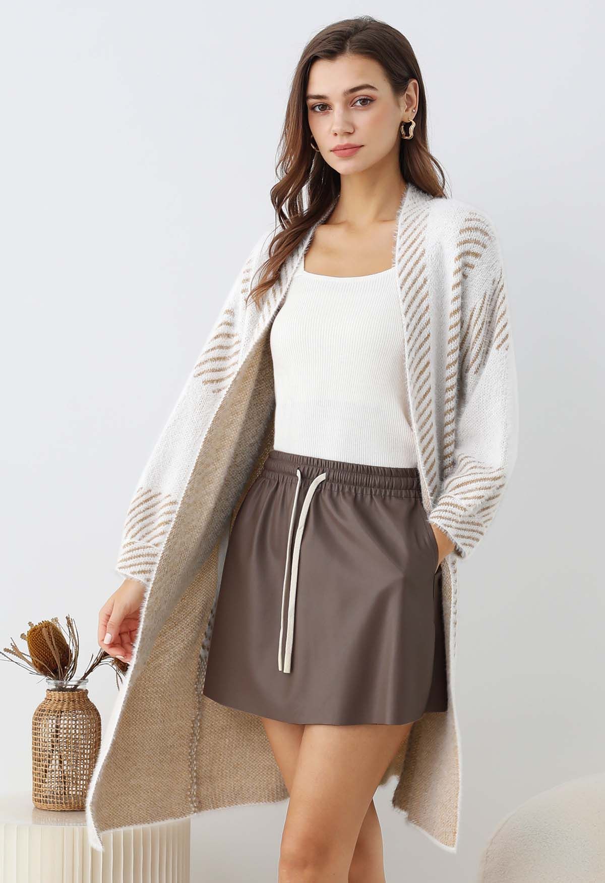 Diagonal Stripe Fuzzy Knit Longline Cardigan