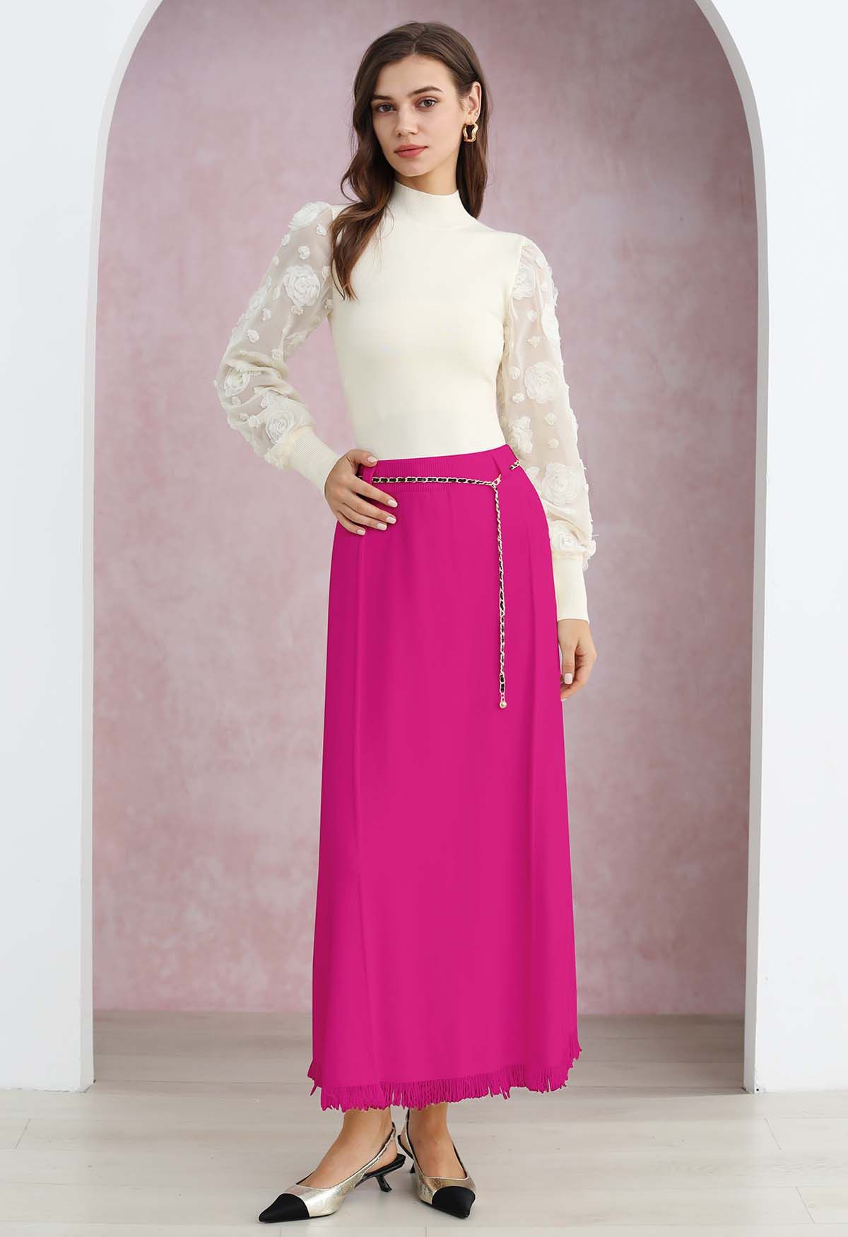 Chain Belt Fringe Hem Knit Maxi Skirt in Hot Pink