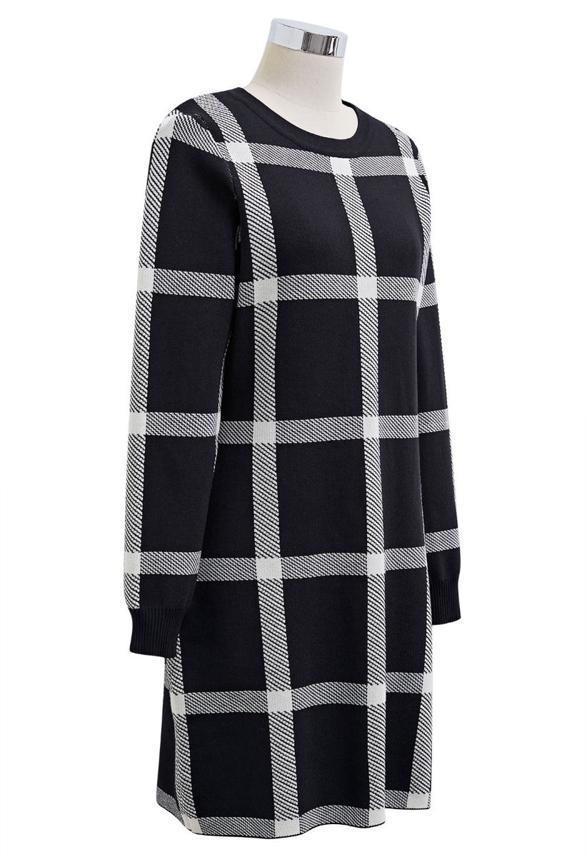 Fall Wear Check Pattern Sweater Dress in Black