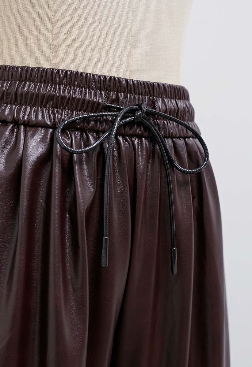 City Stroll Faux Leather Drawstring Pants in Burgundy