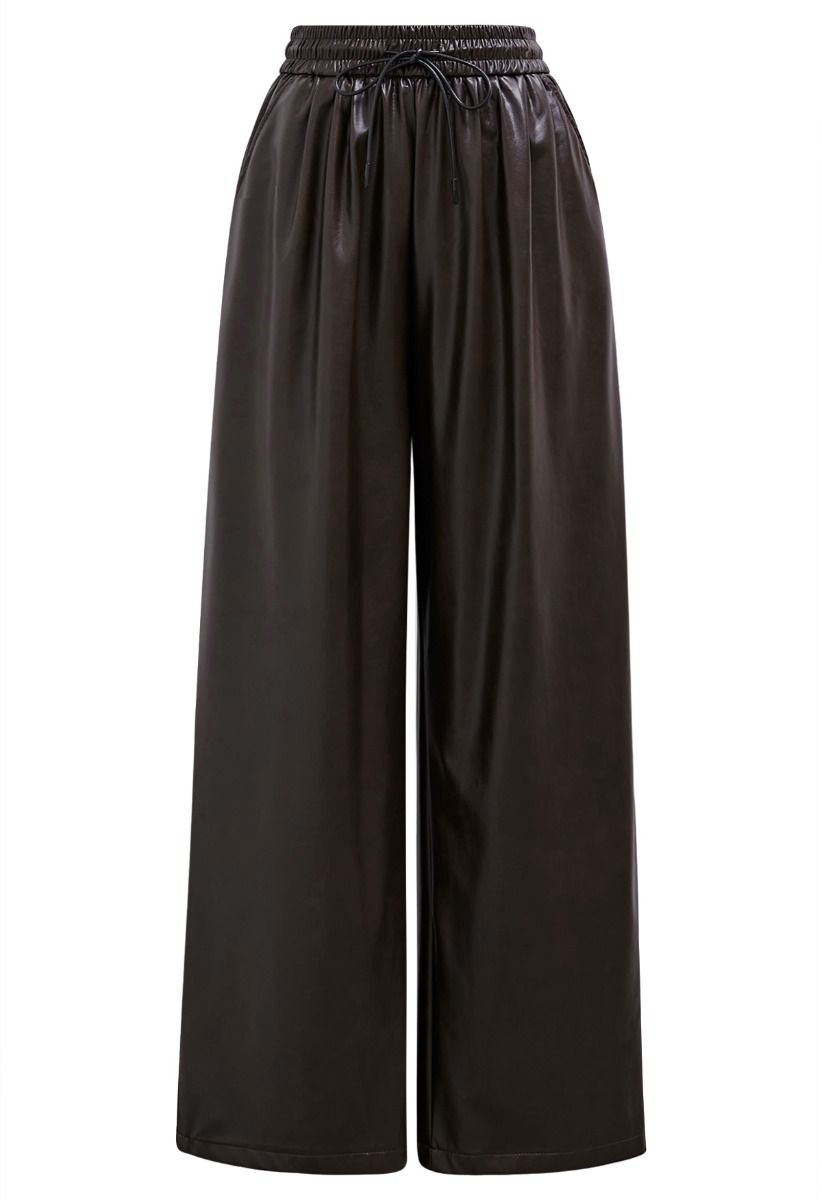 City Stroll Faux Leather Drawstring Pants in Brown