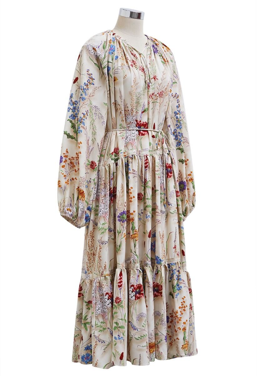 Wildflower Dream Puff Sleeve Tie String Chiffon Midi Dress