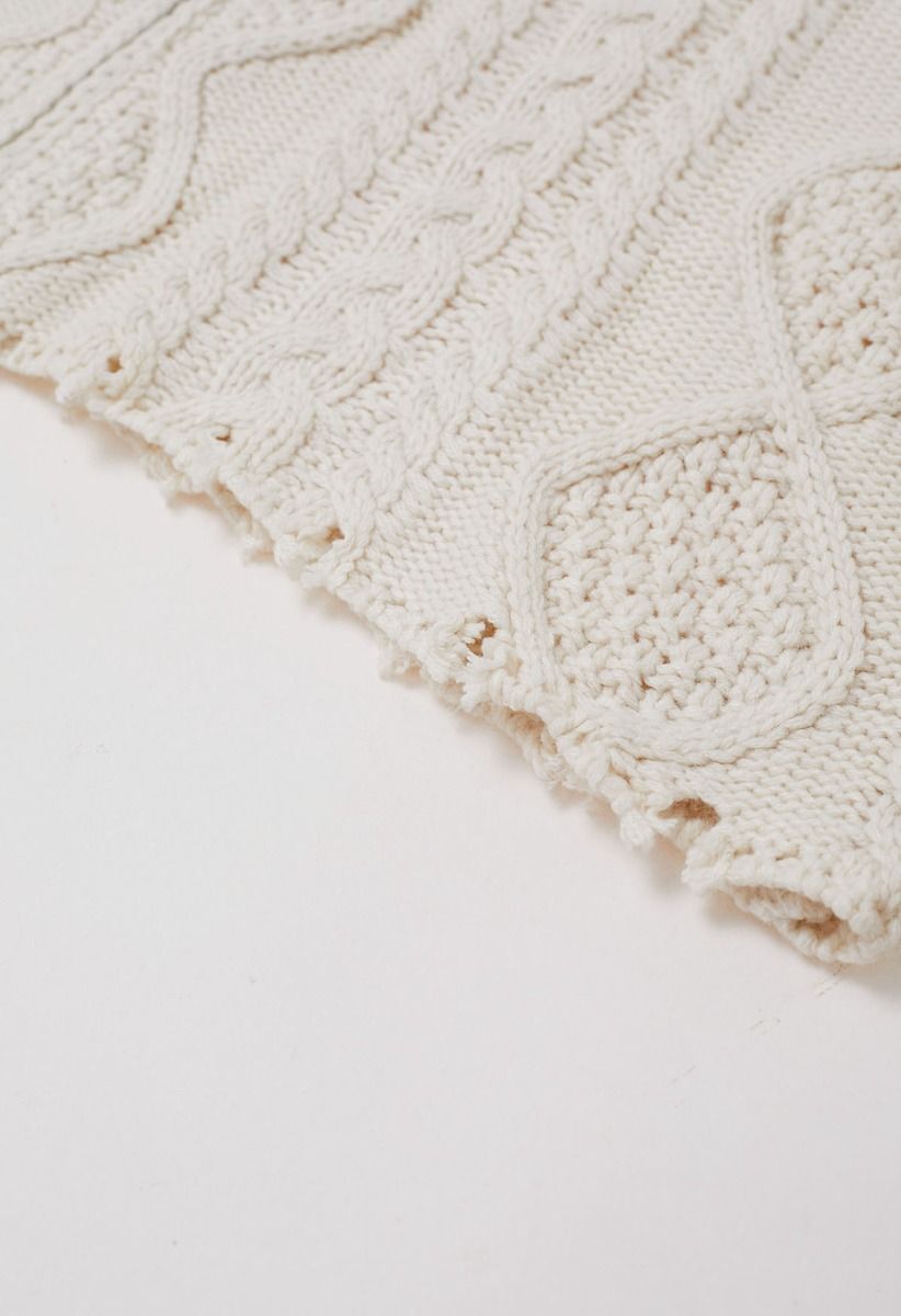 Raw Edge Cable Knit Zipper Crop Cardigan in Ivory