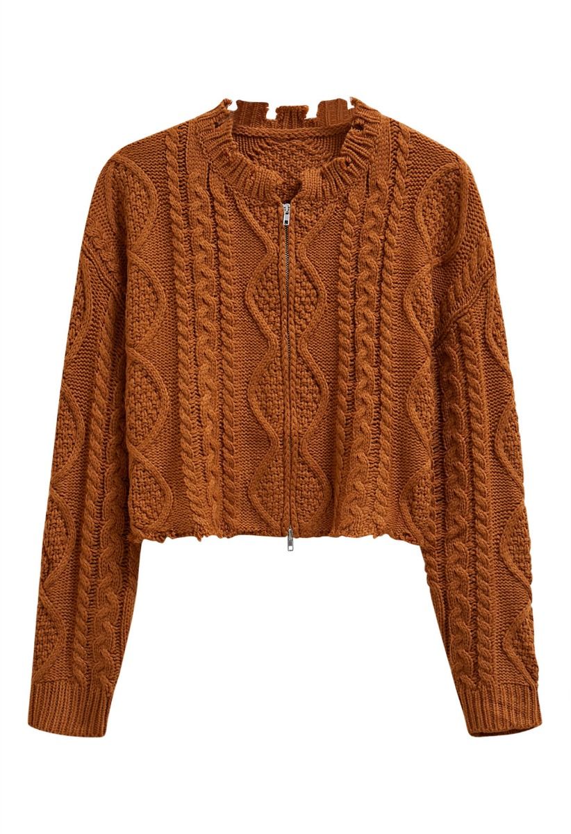 Raw Edge Cable Knit Zipper Crop Cardigan in Pumpkin