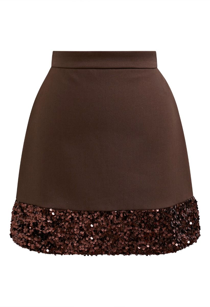 Shine Glamour Sequin Hem Mini Skirt in Brown