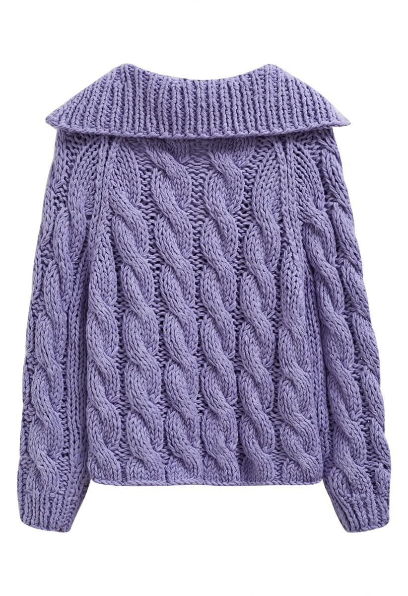 Collared V-Neck Chunky Cable-Knit Sweater in Lavender