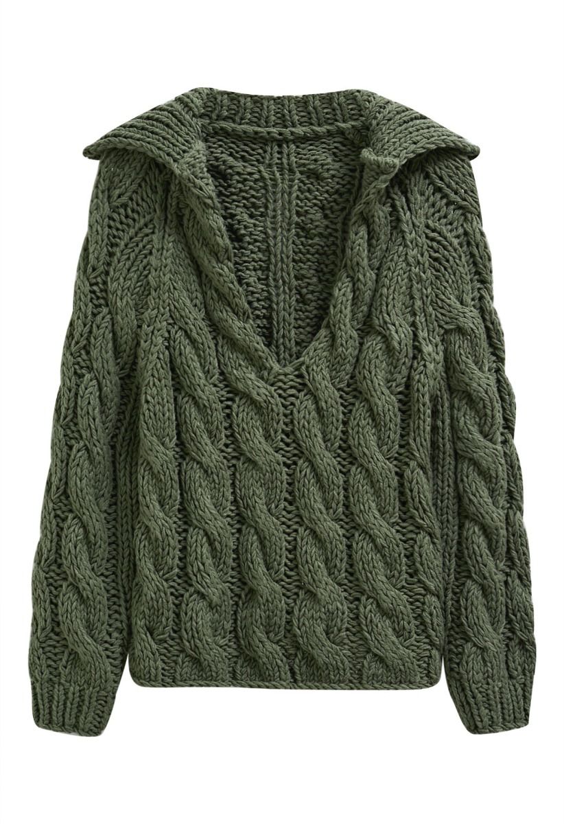 Collared V-Neck Chunky Cable-Knit Sweater in Army Green