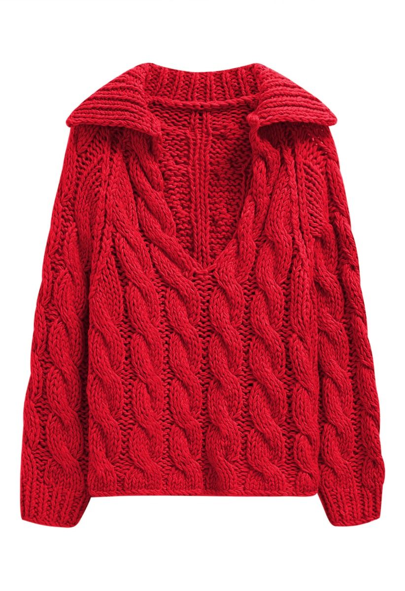 Collared V-Neck Chunky Cable-Knit Sweater in Red