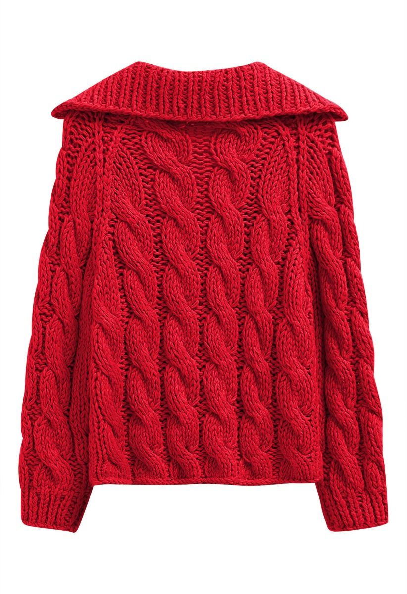 Collared V-Neck Chunky Cable-Knit Sweater in Red