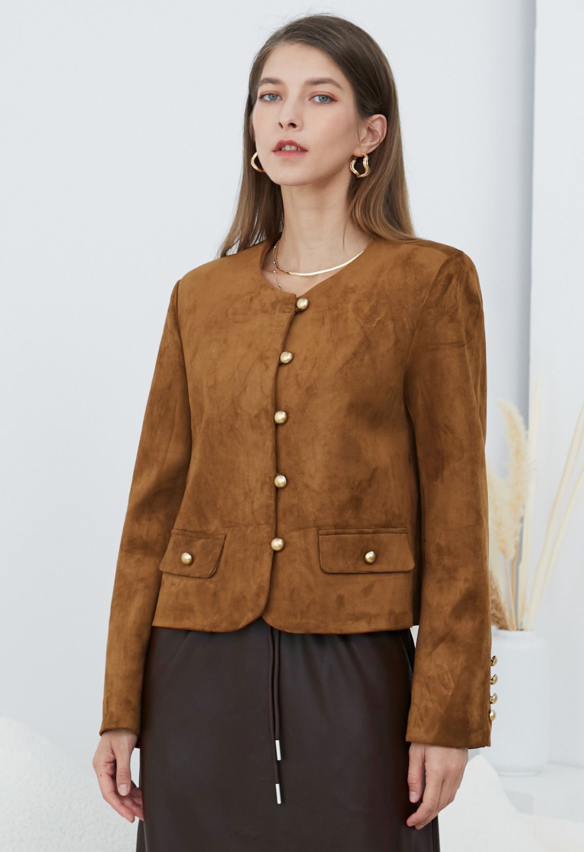 Decorative Flap Pockets Suede Button-Up Jacket