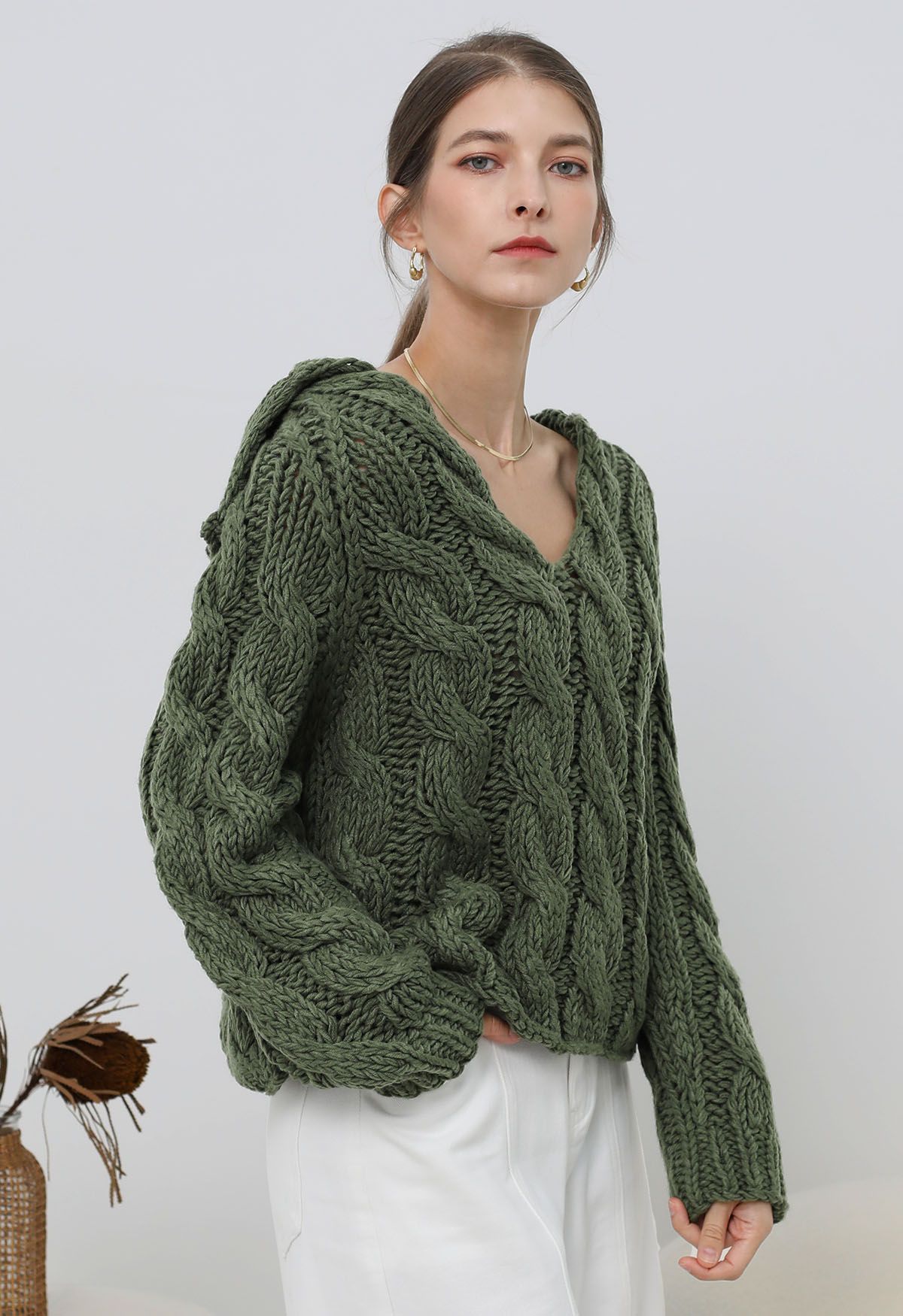 Collared V-Neck Chunky Cable-Knit Sweater in Army Green