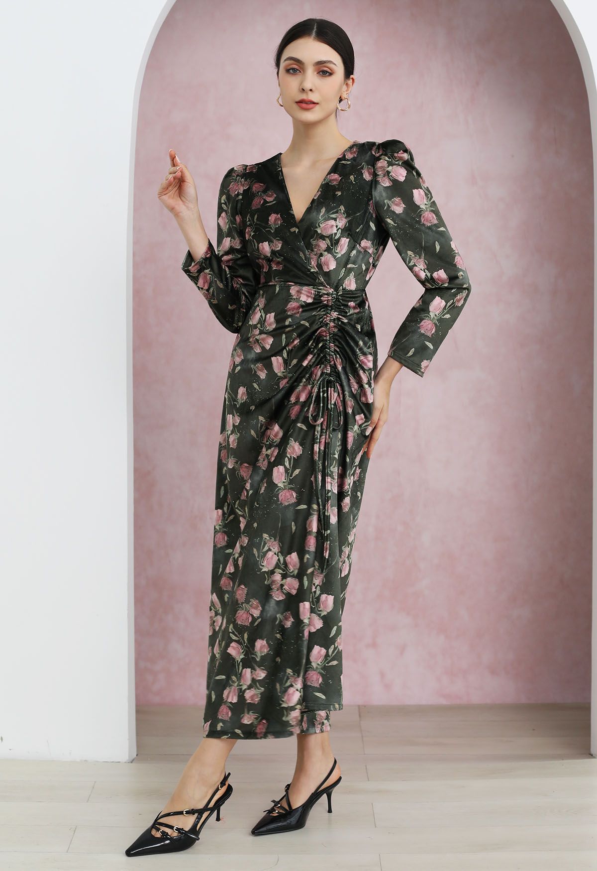 Rosy Elegance Drawstring Wrapped Velvet Maxi Dress in Smoke