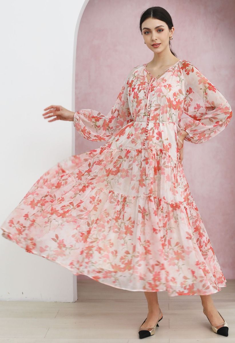 Azalea Bloom Tie Neck Chiffon Midi Dress