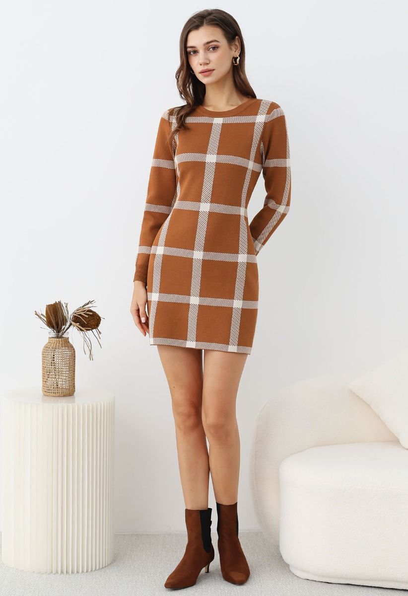 Fall Wear Check Pattern Sweater Dress in Pumpkin