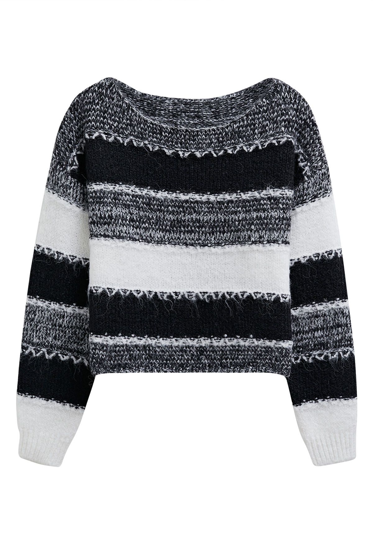 Fair Isle Stripe Cropped Knit Sweater in Black