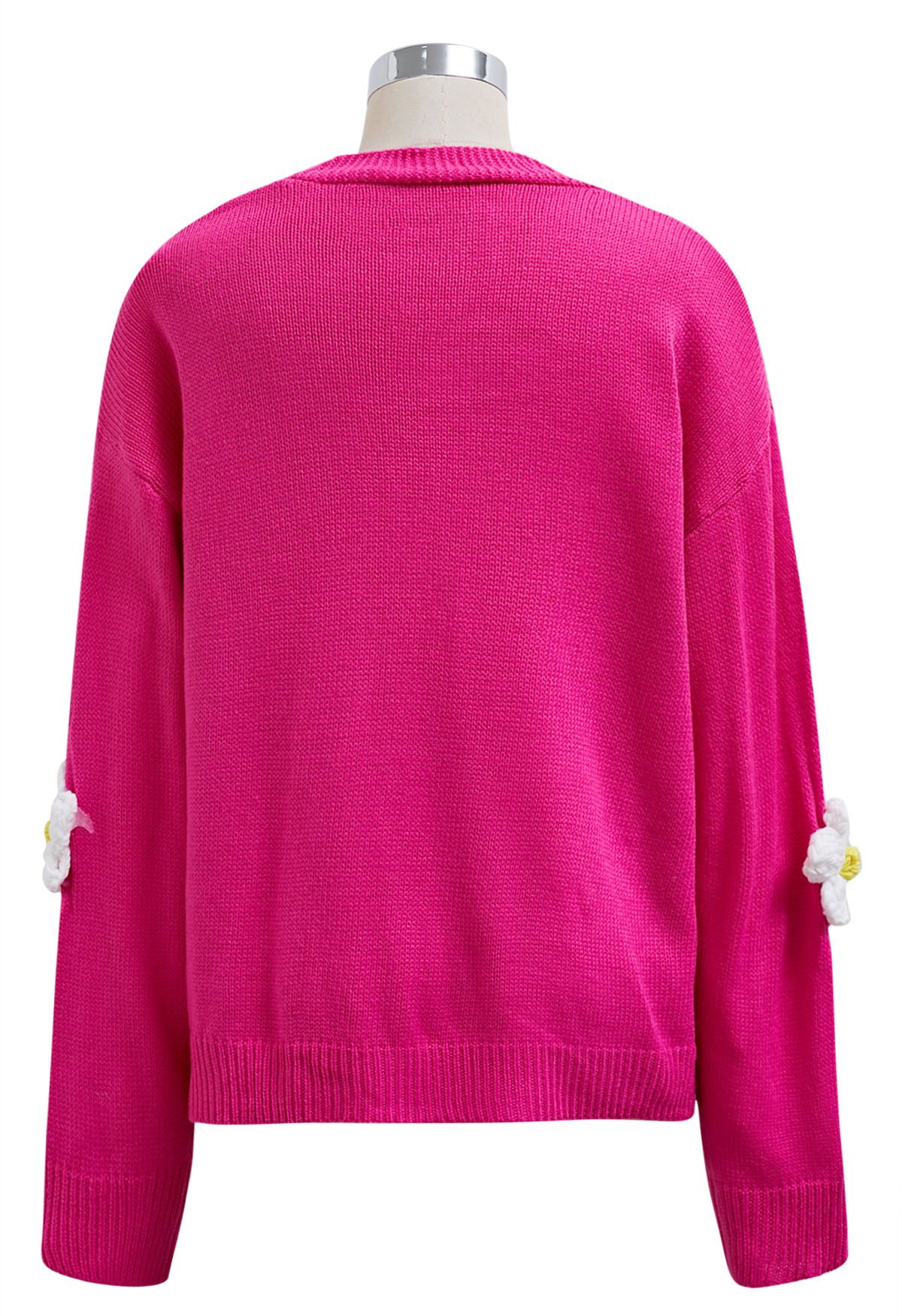 Lovely 3D Flower Buttoned Knit Cardigan in Magenta