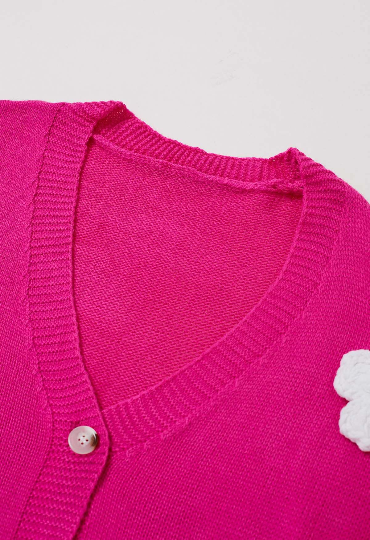 Lovely 3D Flower Buttoned Knit Cardigan in Magenta