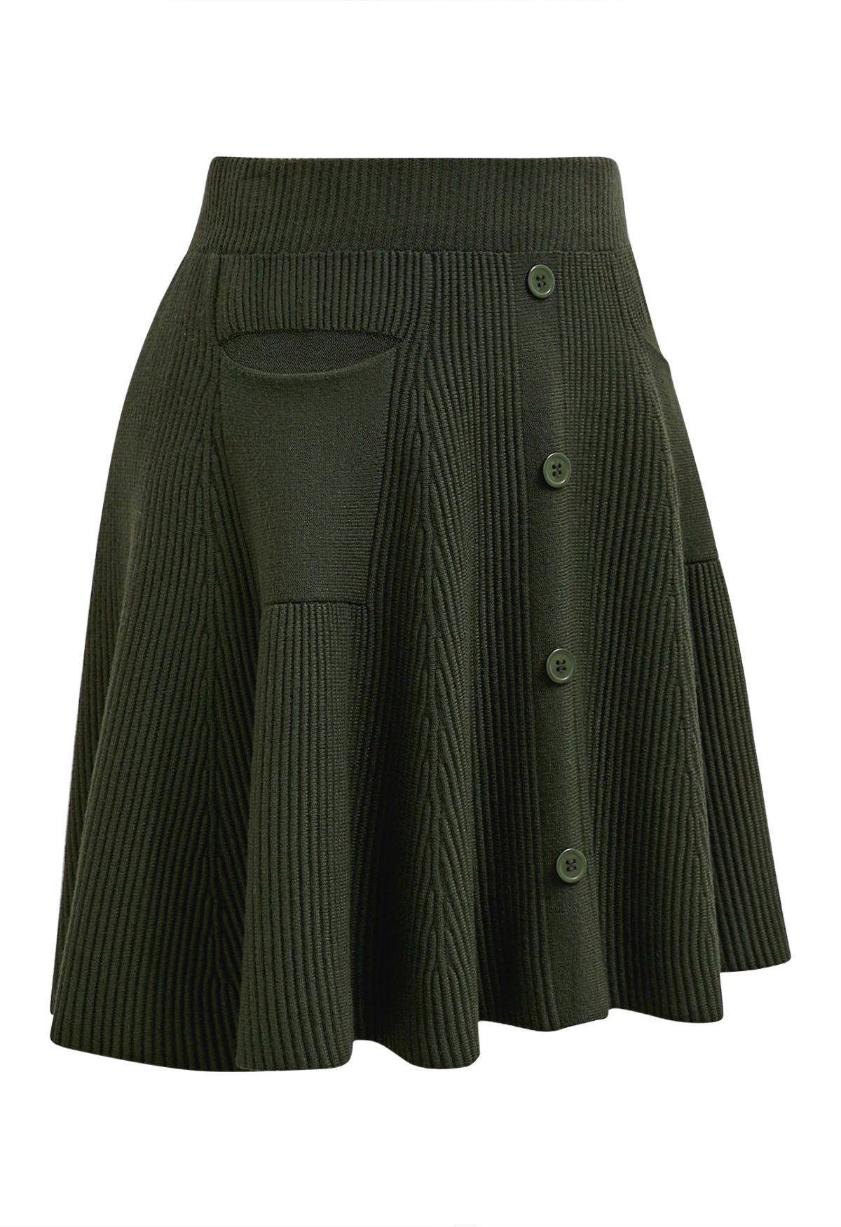 Patch Pockets Button Trim Knit Mini Skirt in Army Green