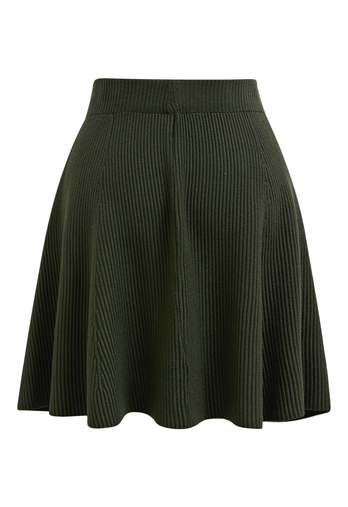 Patch Pockets Button Trim Knit Mini Skirt in Army Green