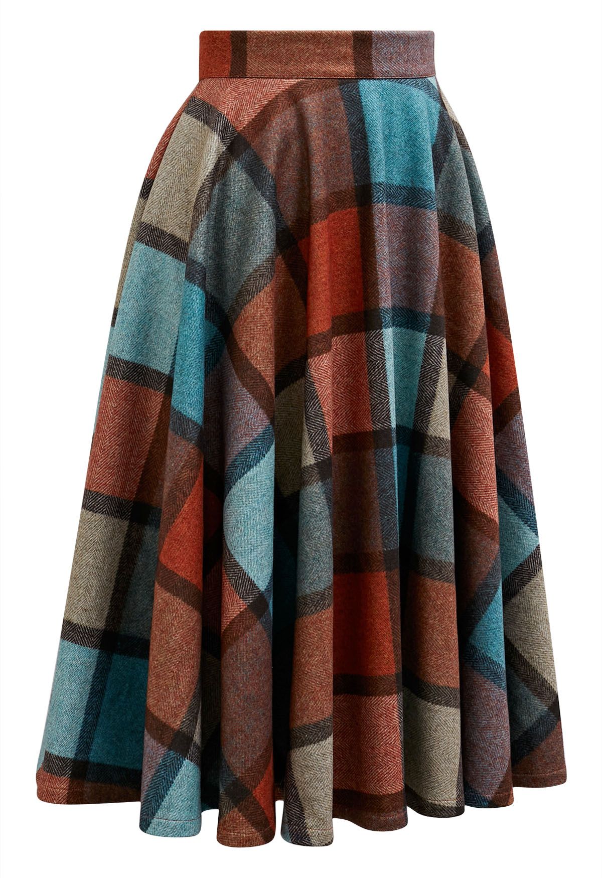 Color Block Checked Pattern Flare Midi Skirt