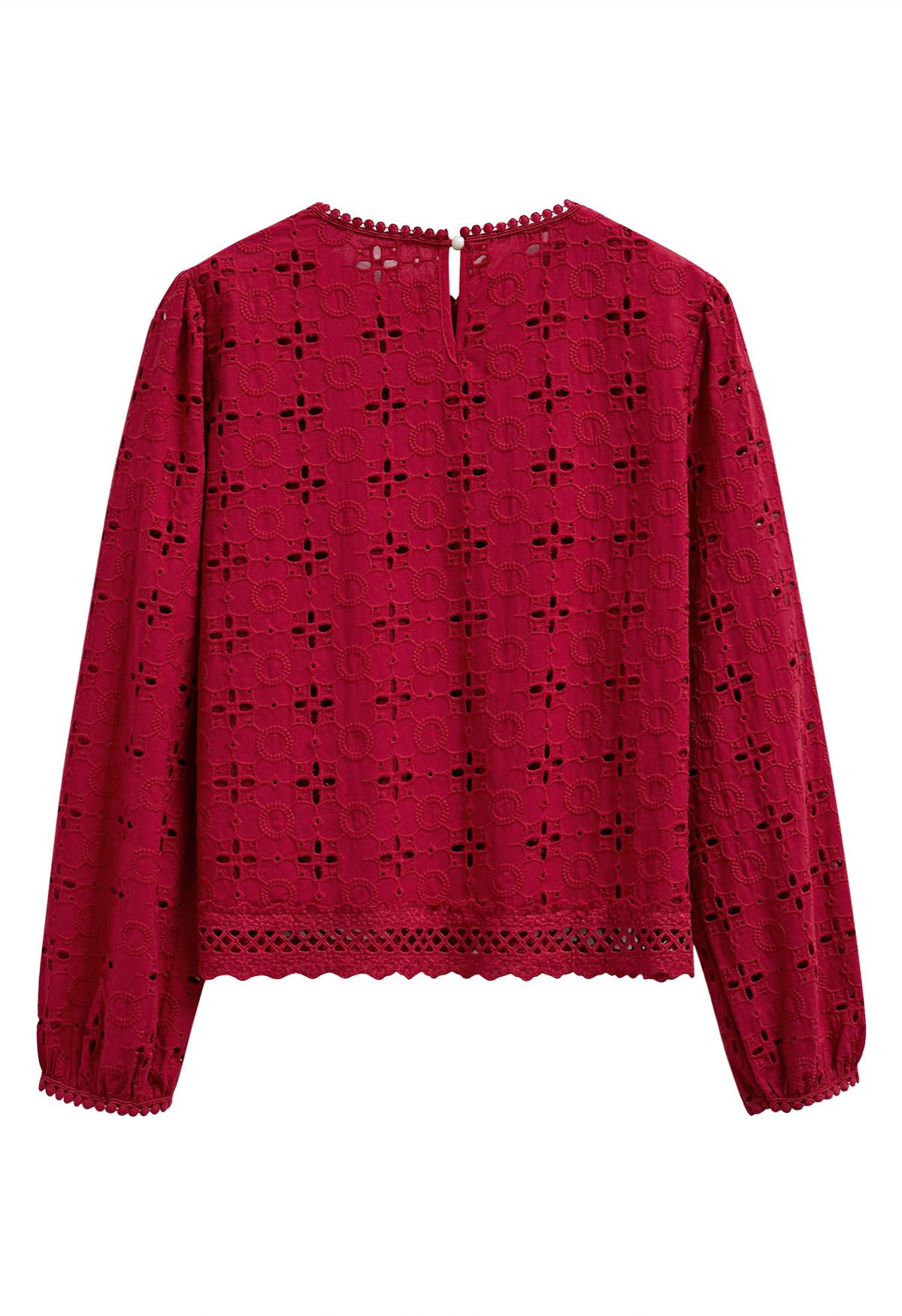 Intricate Petals Eyelet Embroidery Cotton Top in Red