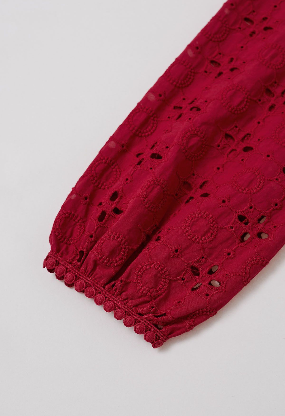 Intricate Petals Eyelet Embroidery Cotton Top in Red