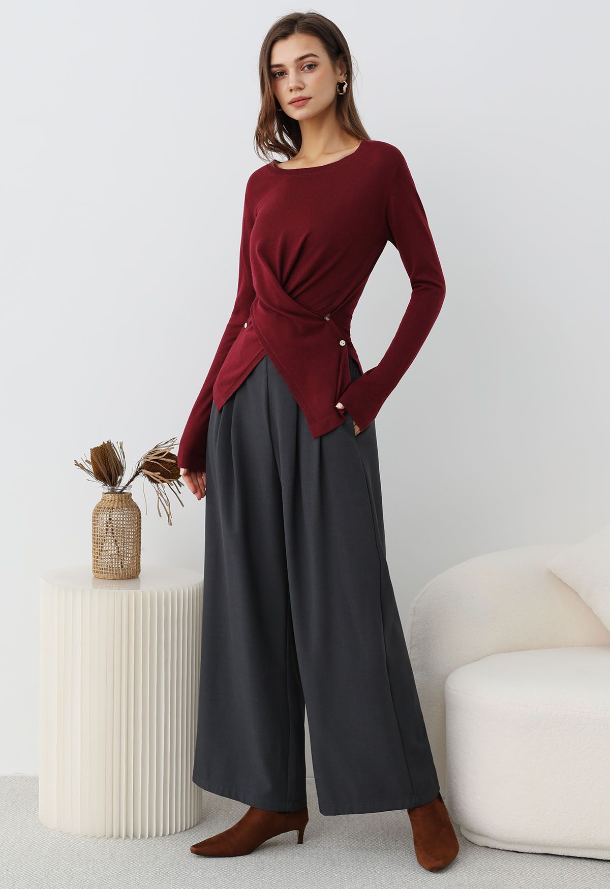 Fascinating Crisscross Buttoned Knit Top in Burgundy