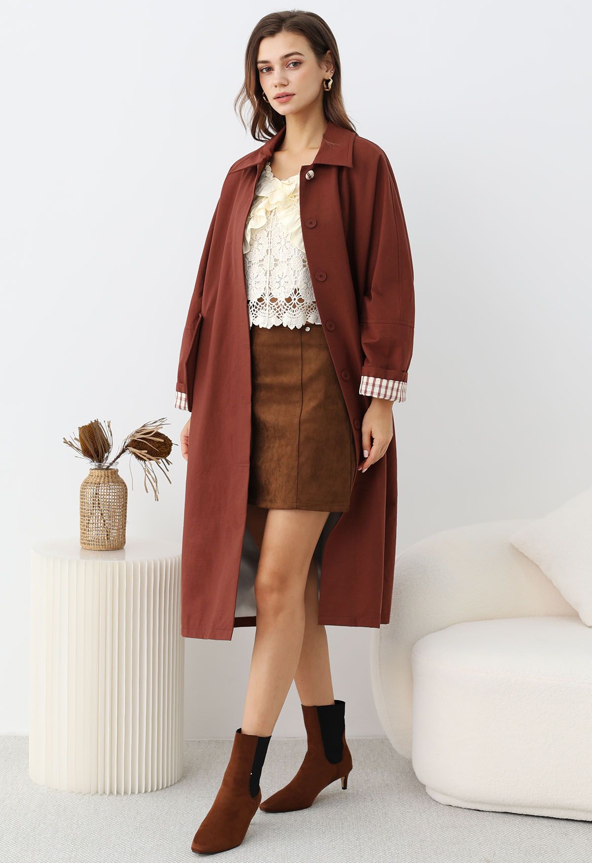 Modern Flair Plaid Cuff Button Down Trench Coat in Red