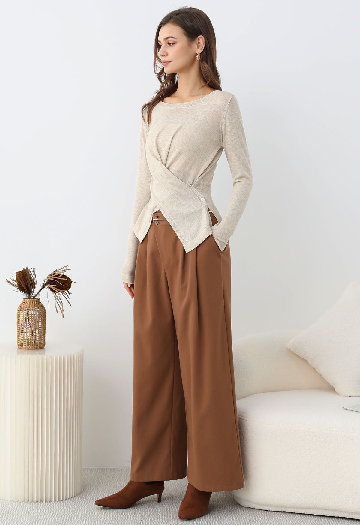 Fascinating Crisscross Buttoned Knit Top in Oatmeal