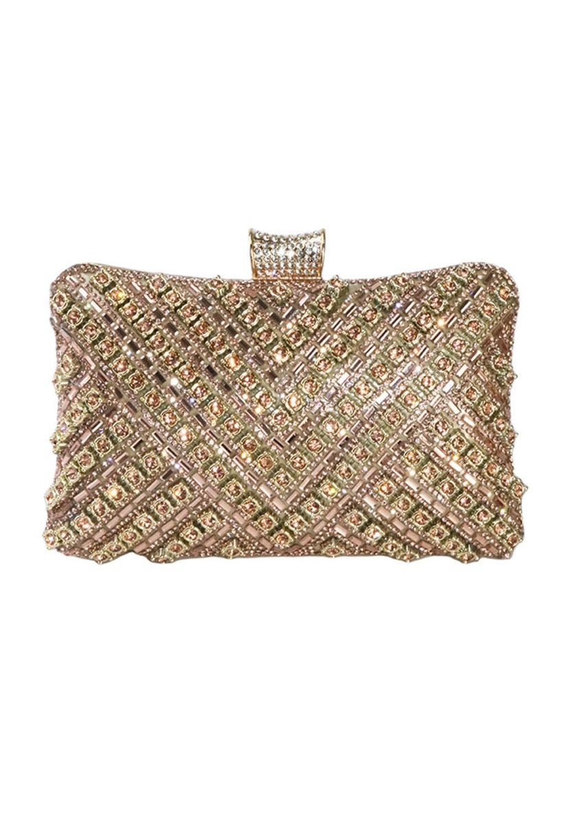 Fancy Rhinestone Overlay Clutch in Champagne