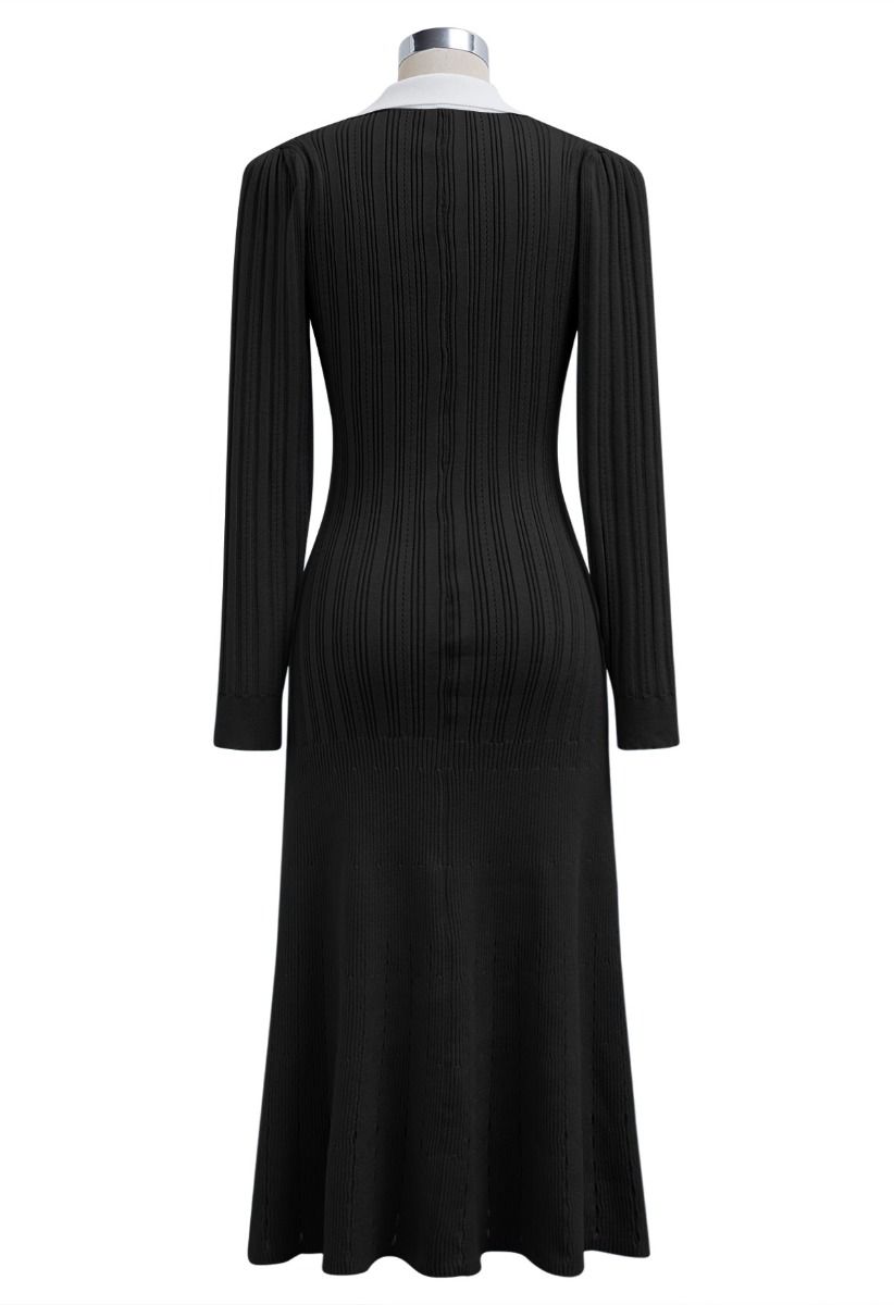 Attractive Stud Button V-Neck Collared Midi Dress in Black