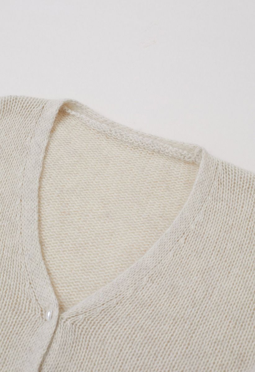 Solid Color Pearly Button Knit Cardigan in Oatmeal