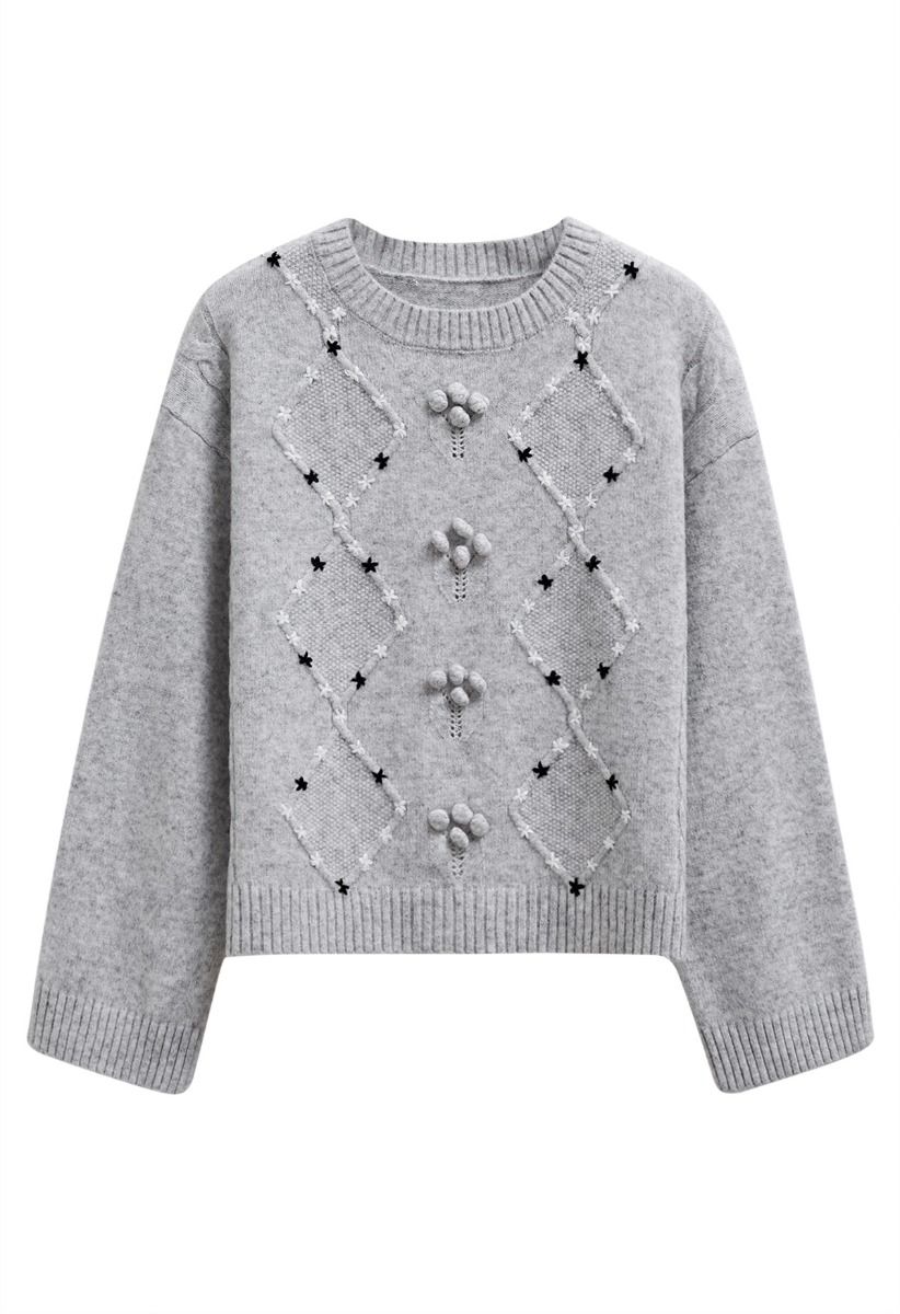 Floral Diamond Pom-Pom Ribbed Knit Sweater in Grey