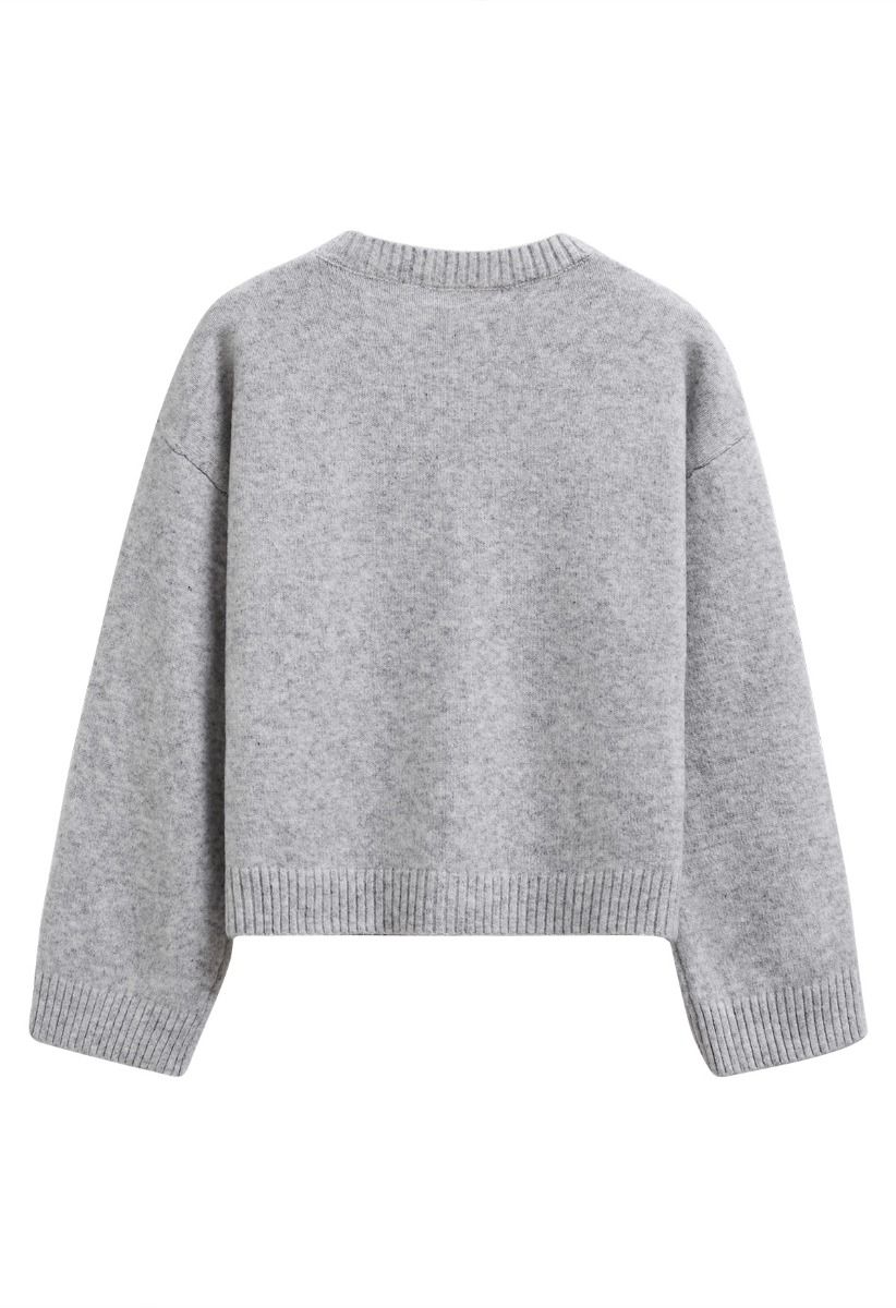 Floral Diamond Pom-Pom Ribbed Knit Sweater in Grey