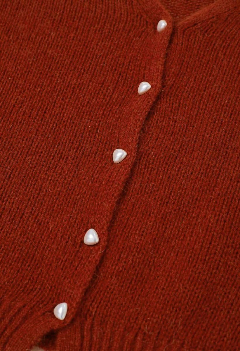 Solid Color Pearly Button Knit Cardigan in Red