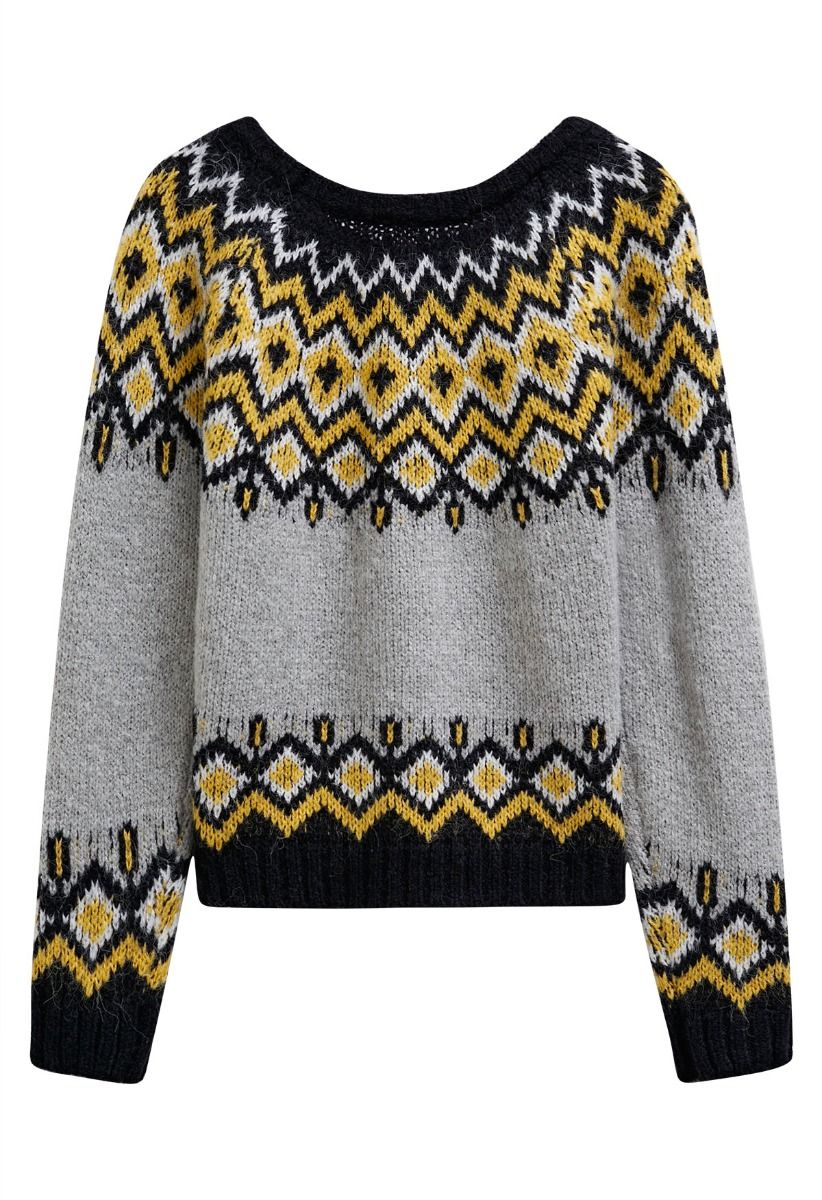 Nordic Charm Fair Isle Knit Sweater in Grey