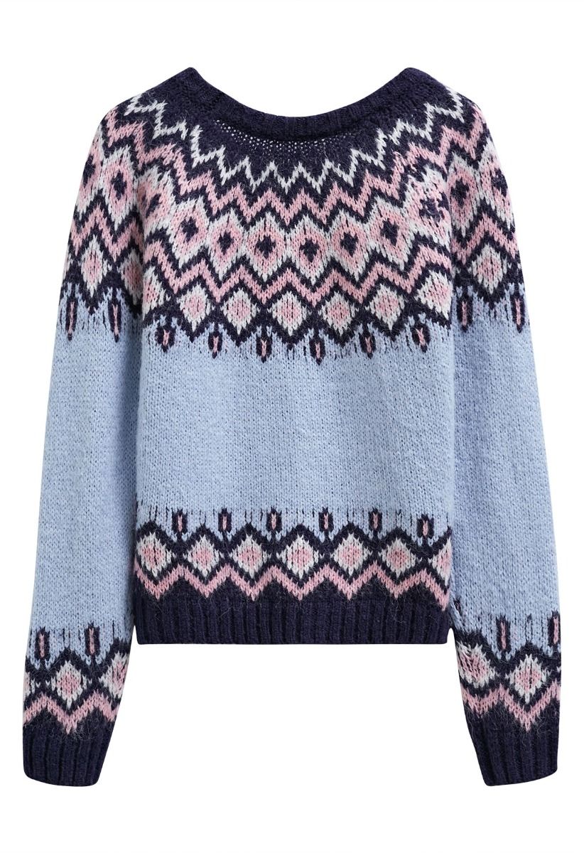 Nordic Charm Fair Isle Knit Sweater in Blue