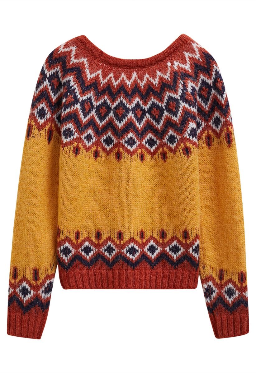 Nordic Charm Fair Isle Knit Sweater in Orange