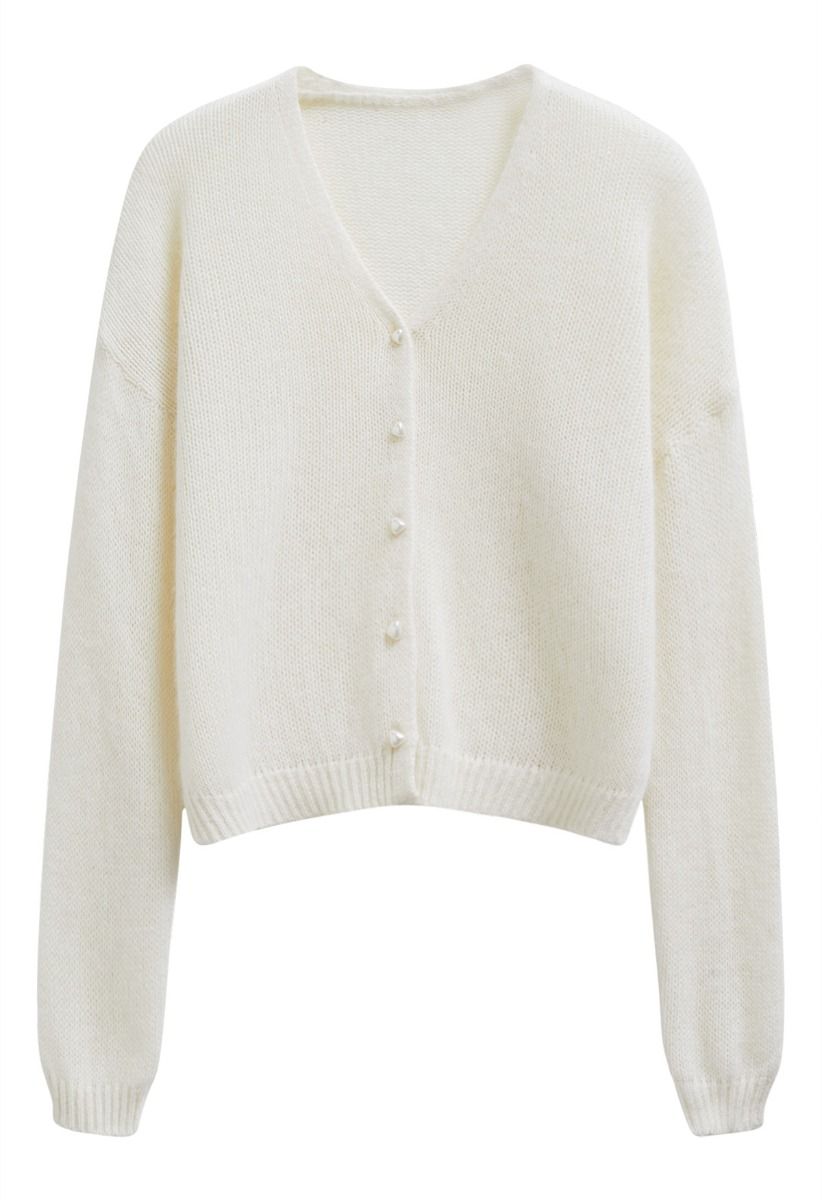 Solid Color Pearly Button Knit Cardigan in Cream