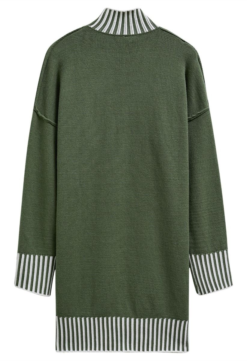 Contrast Stripe Mock Neck Knit Sweater Dress in Green