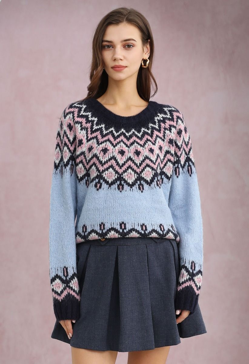 Nordic Charm Fair Isle Knit Sweater in Blue