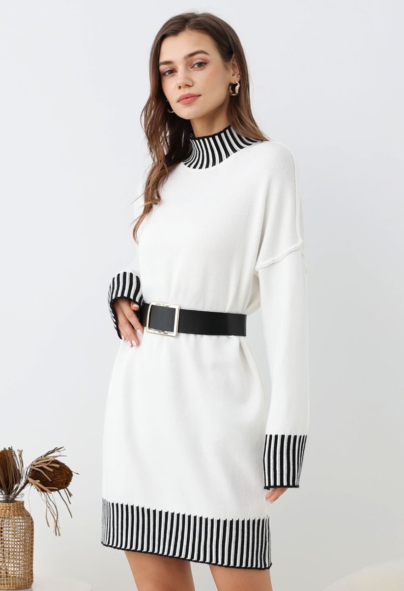 Contrast Stripe Mock Neck Knit Sweater Dress in Ivory