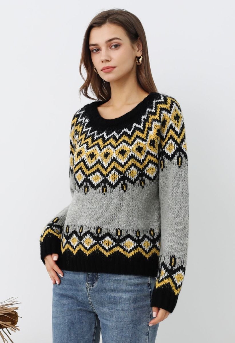 Nordic Charm Fair Isle Knit Sweater in Grey